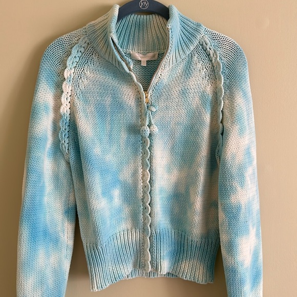 Loveshackfancy Florrie Zip Up Jacket - Soft Aqua Hand DyeTiedye Cardigan Sweater - Picture 8 of 16